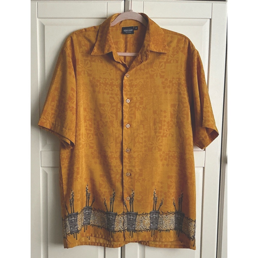 VTG Sideout Tiki Mask Floral Shirt Mens M Yellow Short Sleeve Retro Polynesian